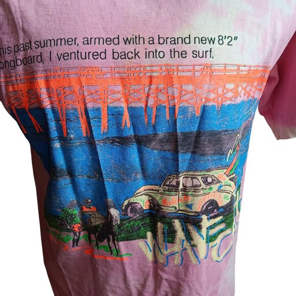 medium Single Stitch T-shirt Vintage 80's Pink Wave Cult Graphic Longboard Surf - Picture 2 of 11